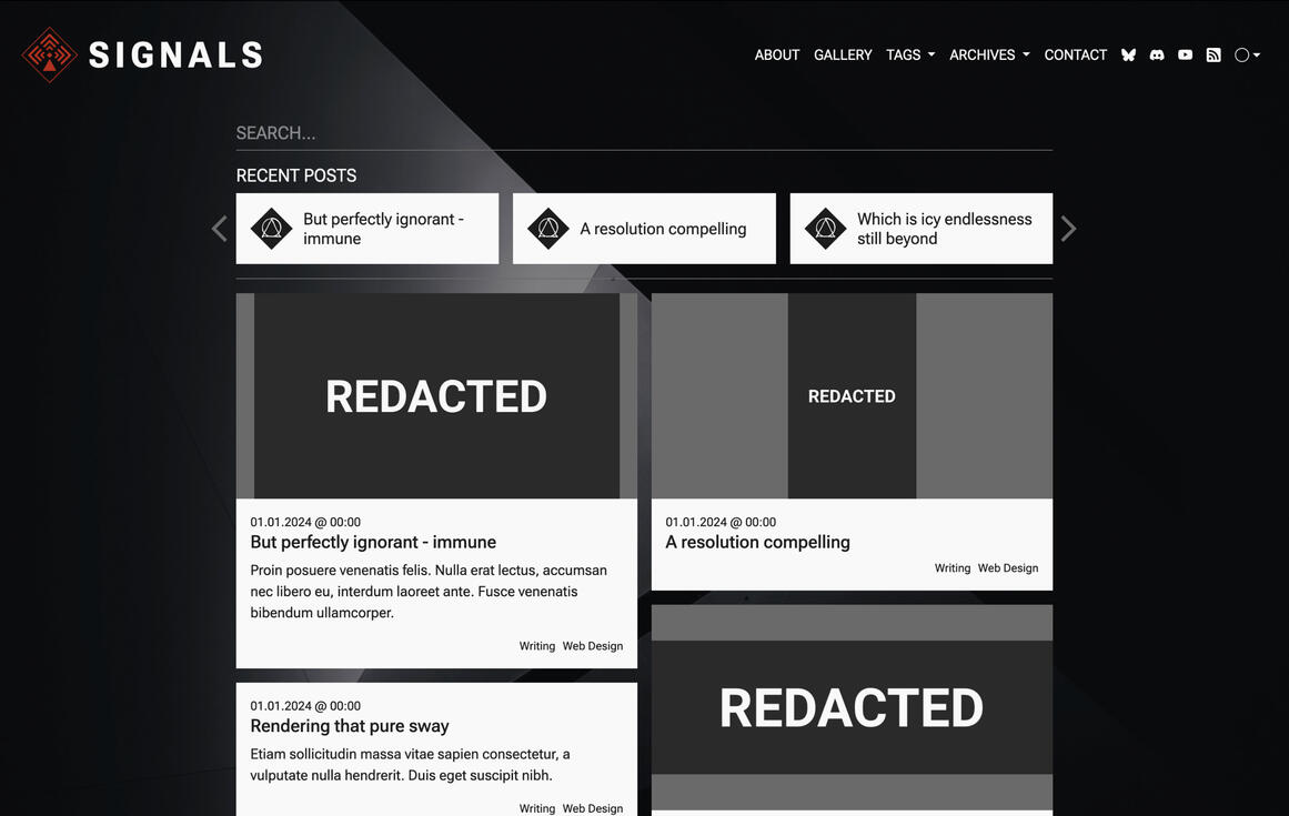 An in-browser render of the dark mode of a blog website design that uses dark tones, whites, and splashes of red to bring together a minimalistic and brutalist design that includes a header with horizontally oriented page and social links, a prominent sear